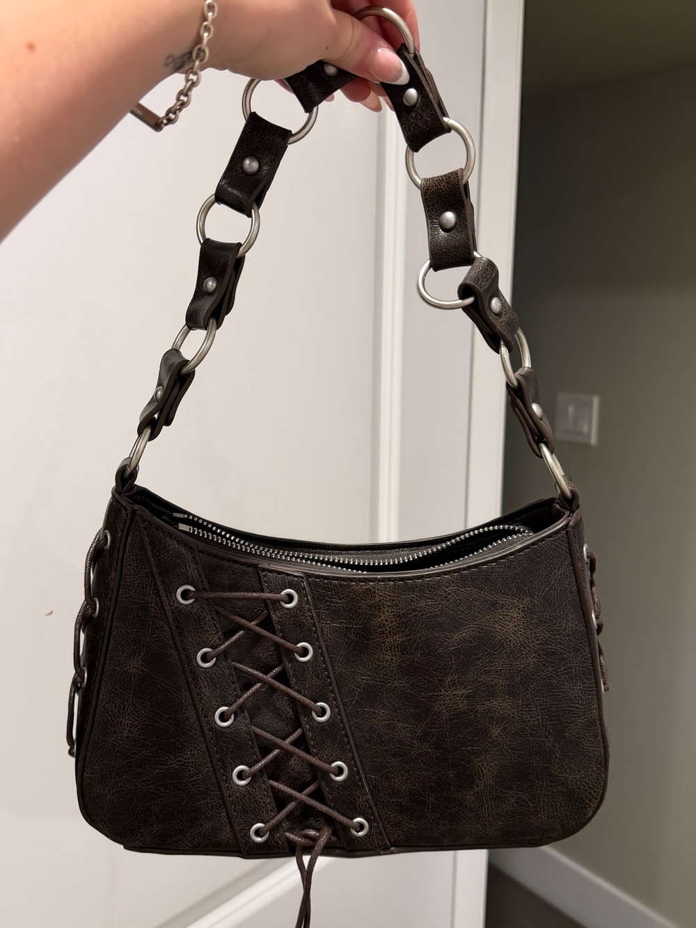 Urban Outfitters Dark Brown Lace-Up Shoulder Bag with Chain Ring Strap